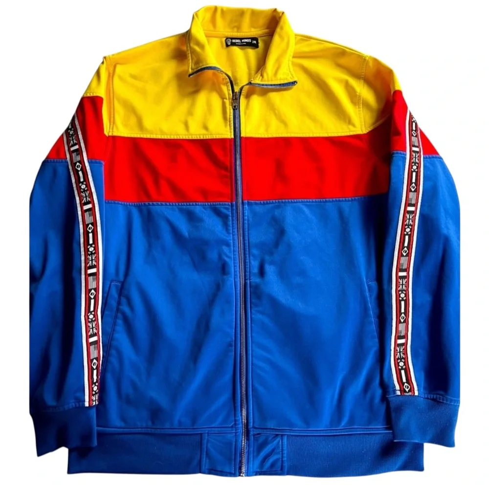 Rebel Minds Men’s Color-block Blue Red Yellow Front Full Zip Jacket - Size 2XL - Picture 1 of 10